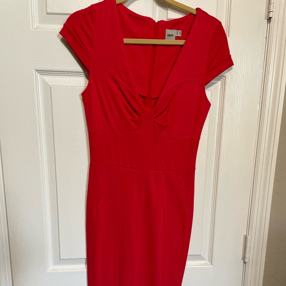 ASOS Red bodycon midi dress. Low v-neck. Worn once.